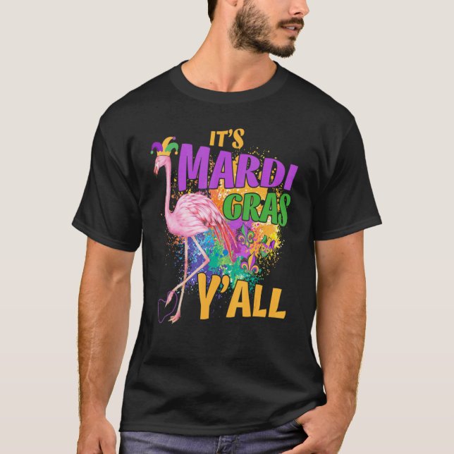 Camiseta É o Carnaval Mardi Gras Yall Flamingo (Frente)