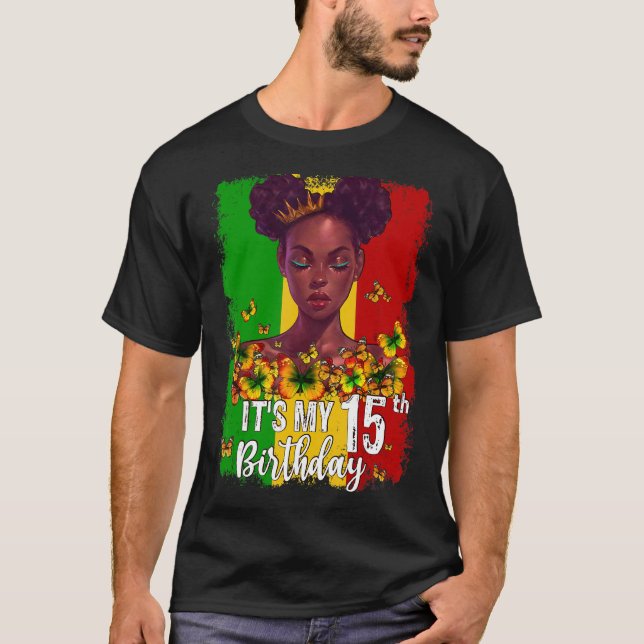 Camiseta É o meu aniversário 15 de 15 anos Melanina Preta W (Frente)