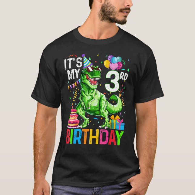 Camiseta É o meu aniversário de 3 anos Dinossauro T Rex Hap (Frente)