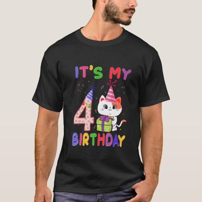 Camiseta É o quarto aniversário da minha gata de aniversári (Frente)