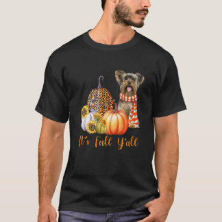 Camiseta É Outono Pessoal Cachorro Yorkie Leopardo Abóbora