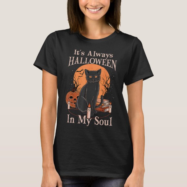 Camiseta É sempre o Halloween na minha alma Pumpkin Cat Div (Frente)