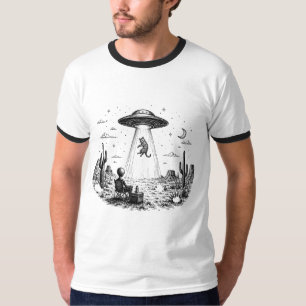 Camiseta E.T. Observando OVNI Abduzir Gato Deserto Noturno