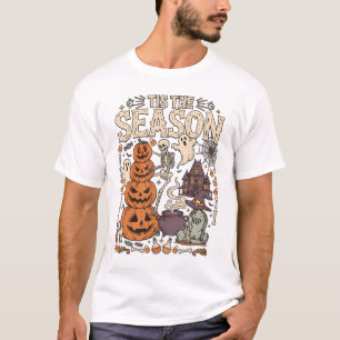 Camiseta É Temporada Abóbora Empilhada Halloween Esqueleto