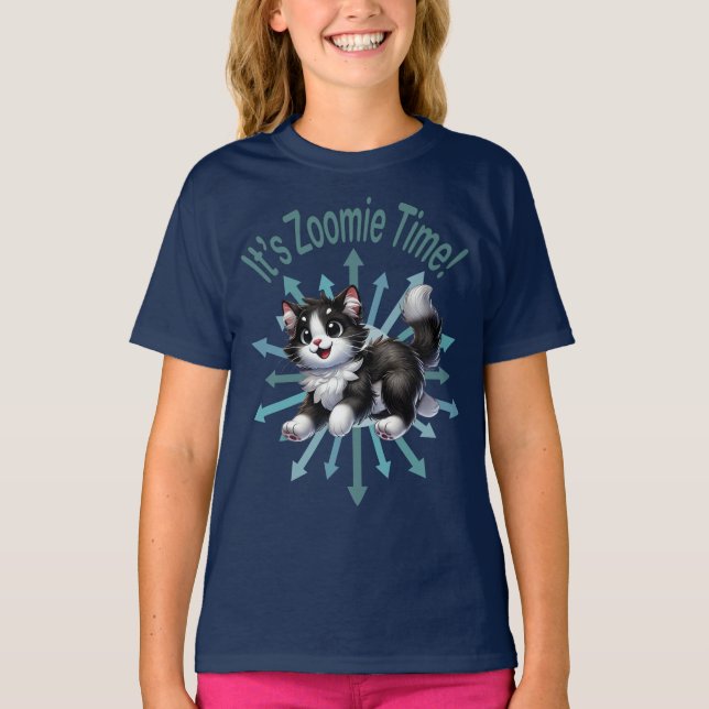 Camiseta É Zoomie Time White Black & White Cat (Frente)