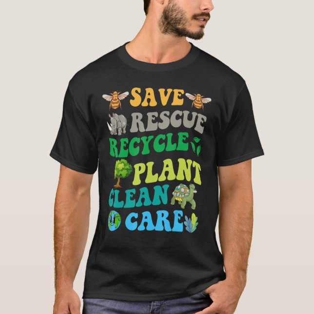Camiseta Earth Day Save Bees Rescue Animals Recycle Plastic (Frente)
