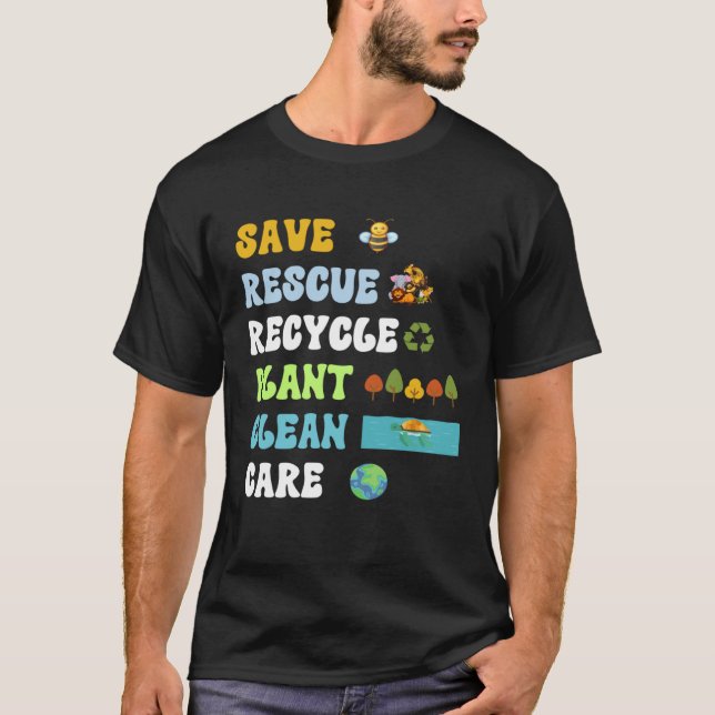 Camiseta Earth Day Save Bees Rescue Animals Recycle Plastic (Frente)