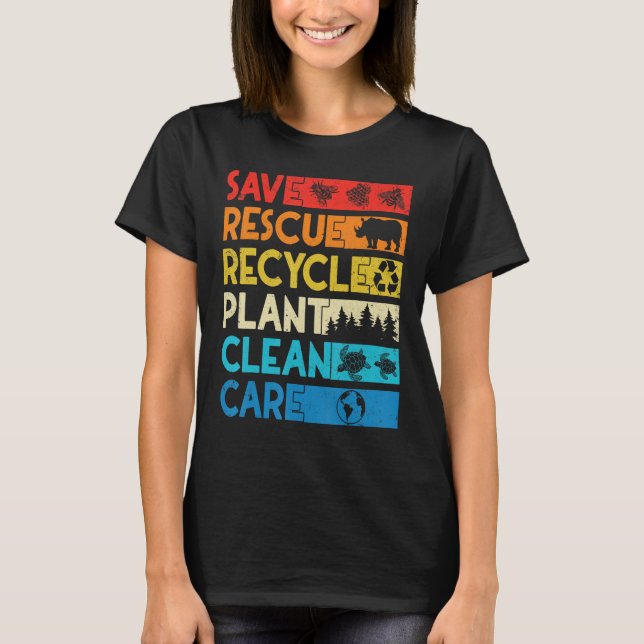 Camiseta Earth Day Save Bees Rescue Animals Recycle Plastic (Frente)