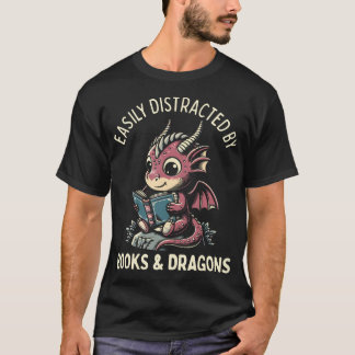 Camiseta Easily Distracted By Books And Dragons Retro Drago