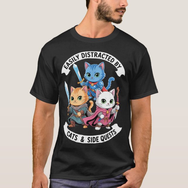 Camiseta Easily Distracted By Cats &amp; Side Quests Funny  (Frente)