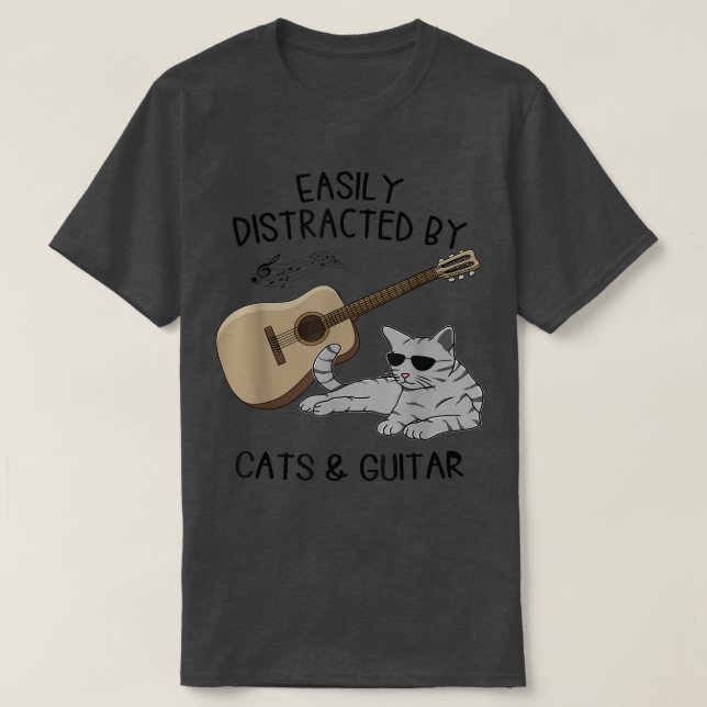 Camiseta Easily Distracted By Cats And Guitar, Guitar Music (Frente do Design)