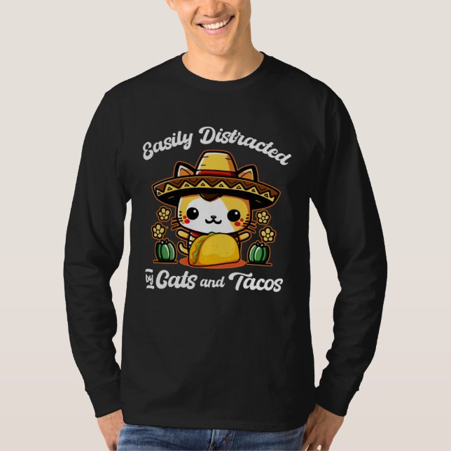 Camiseta Easily Distracted By Cats and Tacos Cinco de Mayo  (Frente)