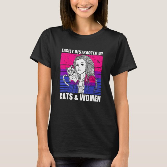 Camiseta Easily Distracted By Cats Women For Lesbian Bisexu (Frente)