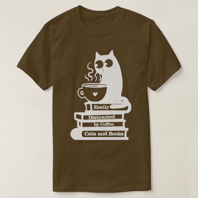 Camiseta Easily Distracted Cats, Coffee and Books  (Frente do Design)