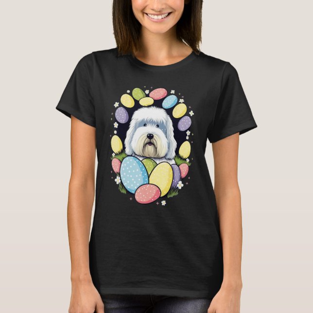 Camiseta Easter Bobtail Bunny Eggs Dog on Easter Old Englis (Frente)