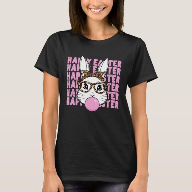 Camiseta Easter Bunny Face Glasses Leopard Happy Easter Day (Frente)