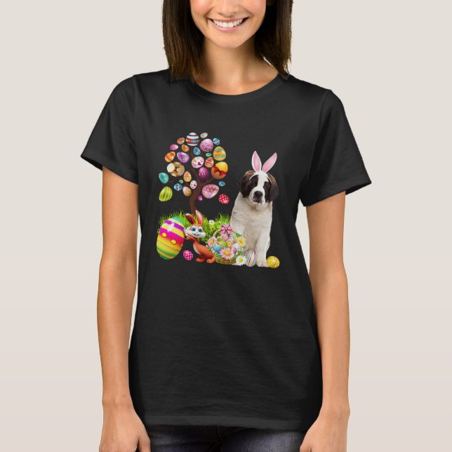 Camiseta Easter Bunny Saint Bernard Dog Ear Tree Egg Basket (Frente)
