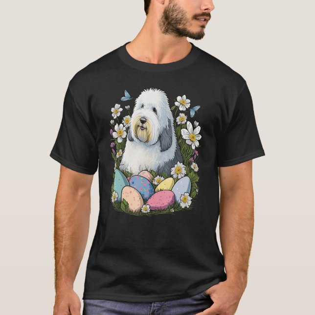Camiseta Easter Old English Sheepdog Bunny Eggs Dog on East (Frente)