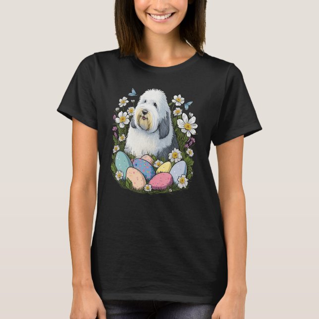 Camiseta Easter Old English Sheepdog Bunny Eggs Dog on East (Frente)