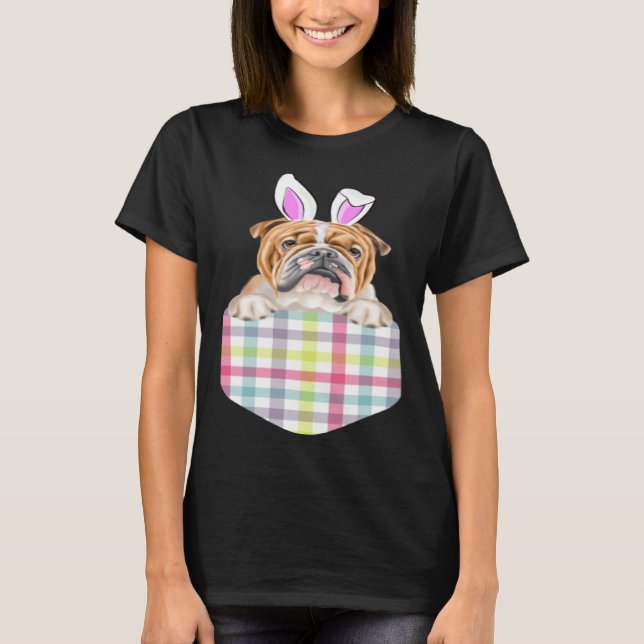 Camiseta Easter Plaid Bulldog Bunny Dog In Pocket (Frente)