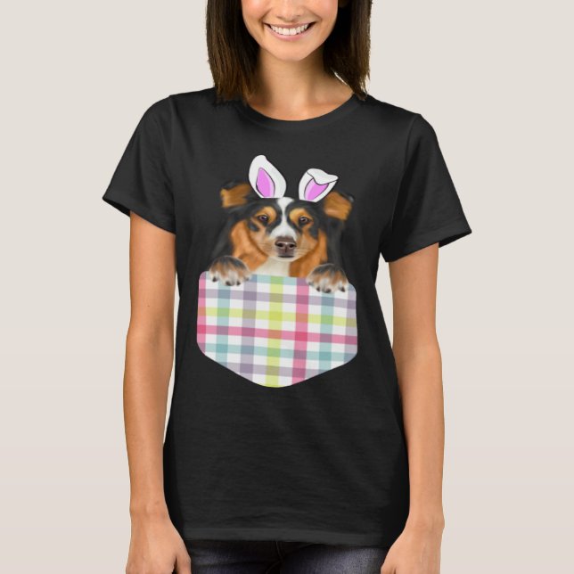 Camiseta Easter Plaid Shetland Sheepdog Bunny Dog In Pocket (Frente)