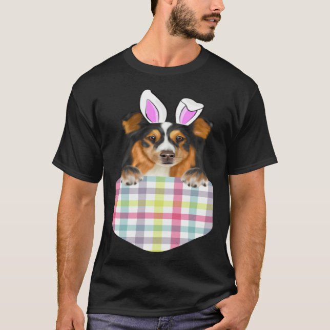 Camiseta Easter Plaid Shetland Sheepdog Bunny Dog In Pocket (Frente)