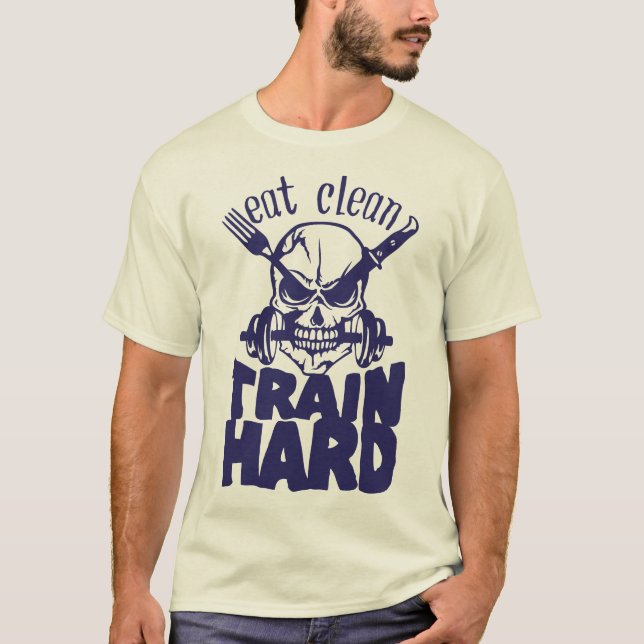 Camiseta eat_clean_train_hard_citation_musculation_haltere_ (Frente)