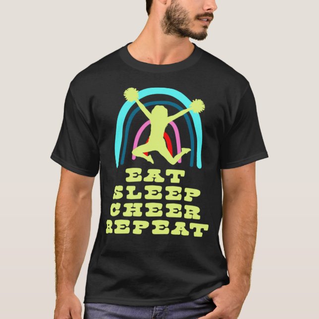 Camiseta Eat Sleep Cheer Repeat with Boho Rainbow and Cheer (Frente)