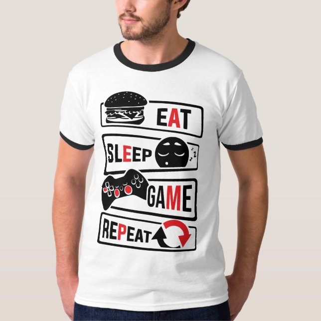Camiseta Eat Sleep Game Repeat | Citação Divertida (Frente)