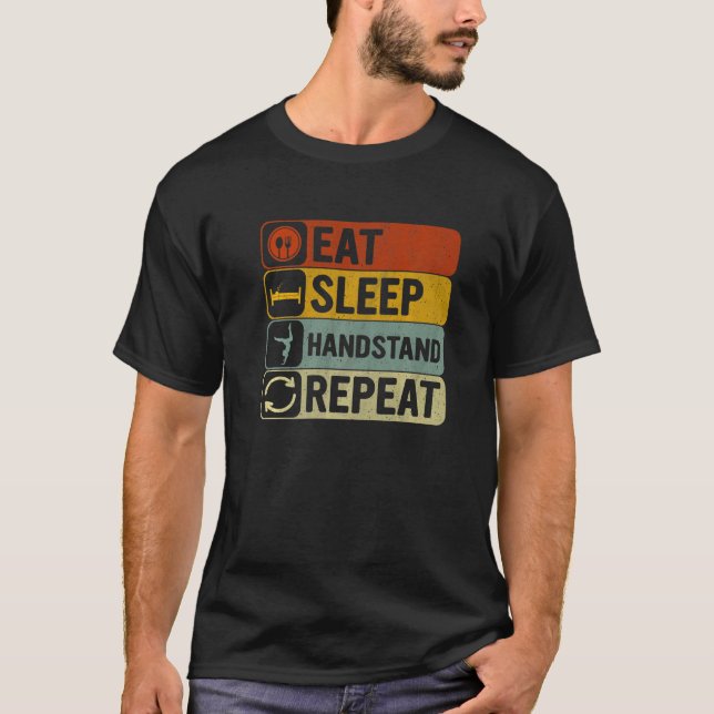 Camiseta Eat Sleep Handstand Repeat Retro 60s 70s Yoga (Frente)
