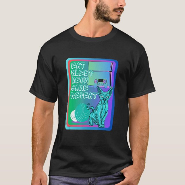 Camiseta Eat sleep meow game repeat blue sphynx cat and con (Frente)