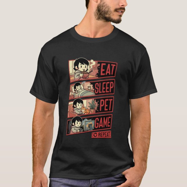 Camiseta Eat Sleep Pet Game Repeat Funny Gamer (Frente)