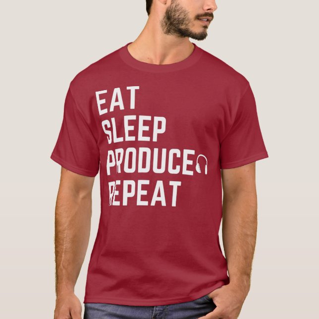 Camiseta EAT SLEEP PRODUTO REPEAT para produtores de música (Frente)