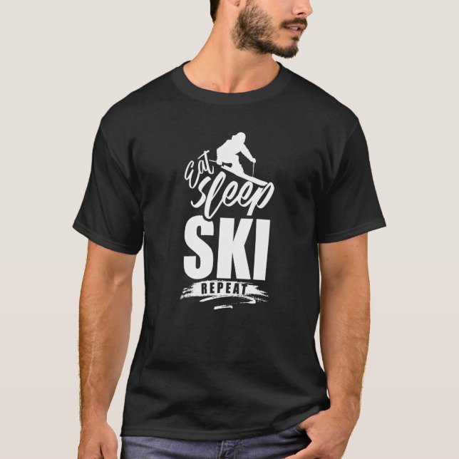 Camiseta Eat Sleep Ski Repete Esportes de inverno Esquiando (Frente)