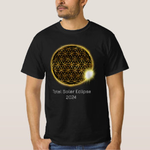 Camiseta Eclipse Solar 2024 Flor de Vida Dourada com Espuma