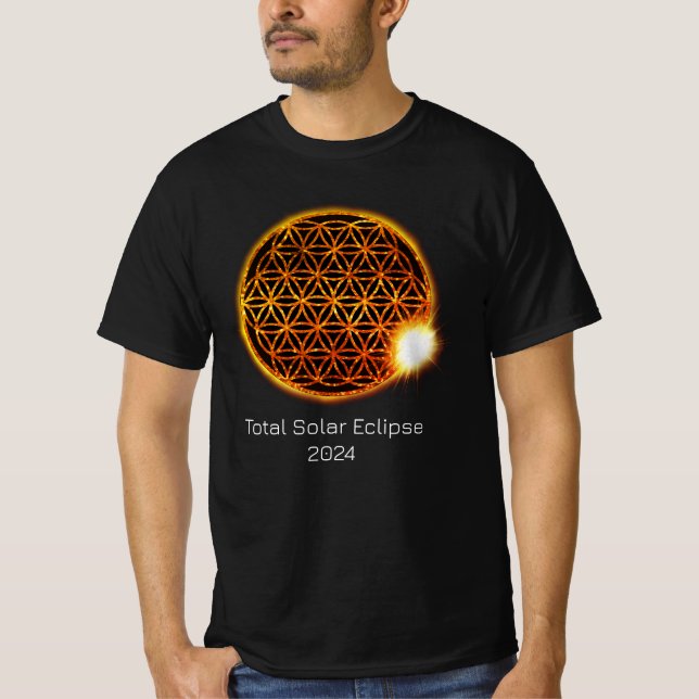 Camiseta Eclipse Solar 2024 Flor de Vida Dourada com Espuma (Frente)