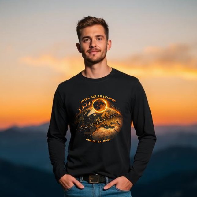 Camiseta Eclipse Solar Total 2026-Caminho da Totalidade (Total Solar Eclipse 2026-Path of Totality Long sleeve t shirt)