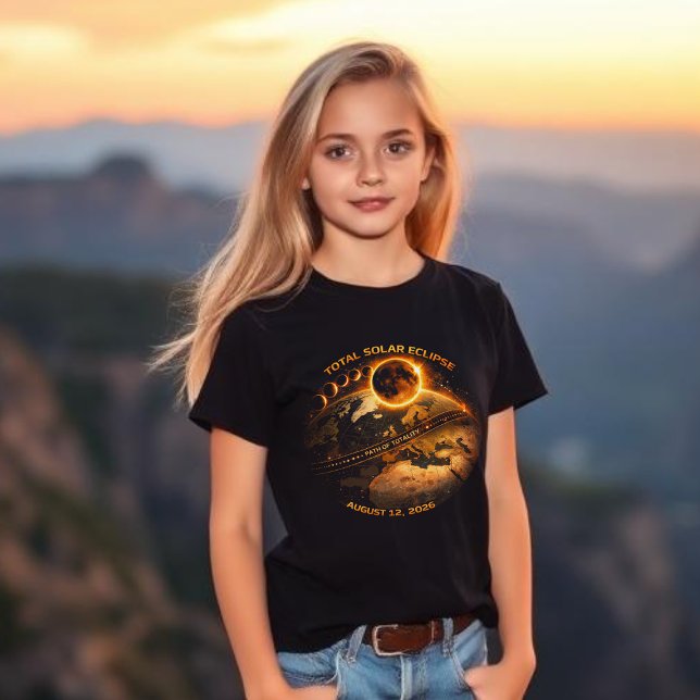 Camiseta Eclipse Solar Total 2026-Caminho da Totalidade (Total Solar Eclipse August 12 2026 path of totality t shirts kids)
