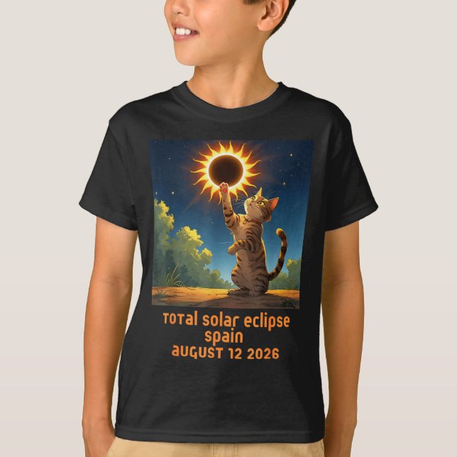 Camiseta Eclipse Total do Sol Gato Espanha Design (Frente)