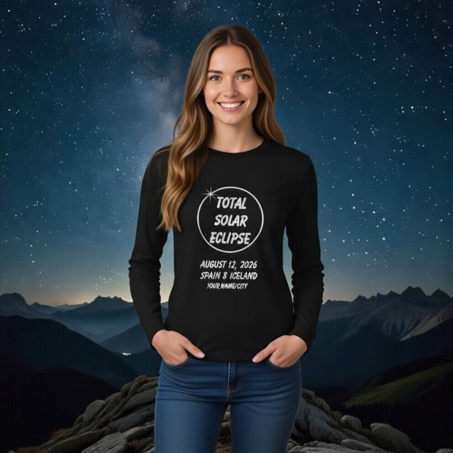Camiseta Eclipse Total Solar Personalizado 2026 Espanha Isl (Get ready for the cosmic event of a lifetime This stylish 2026 Total Solar Eclipse long-sleeve tee )