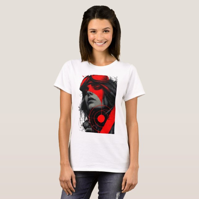 Camiseta Edgy Cyberpunk Dystopian Girl Red Target Women's (Frente Completa)