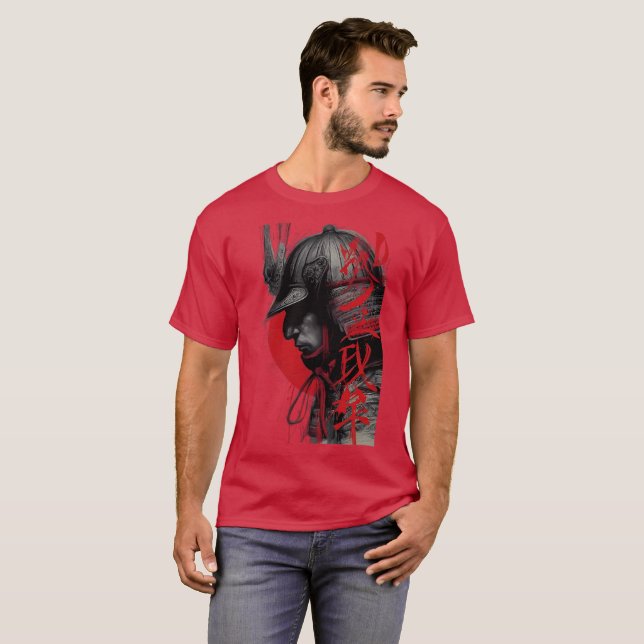 Camiseta Edgy Samurai Warrior Japanese Ink Art Red Sun (Frente Completa)
