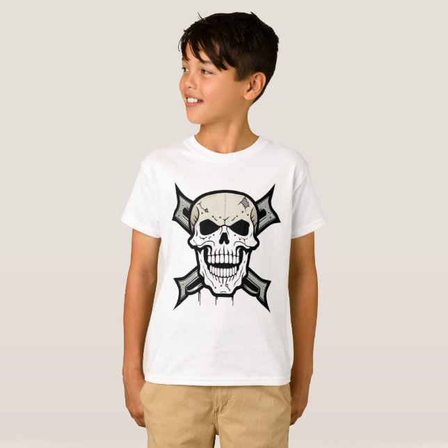 Camiseta "Edgy Visuals: Gráficos Crânios Negros" (Frente Completa)