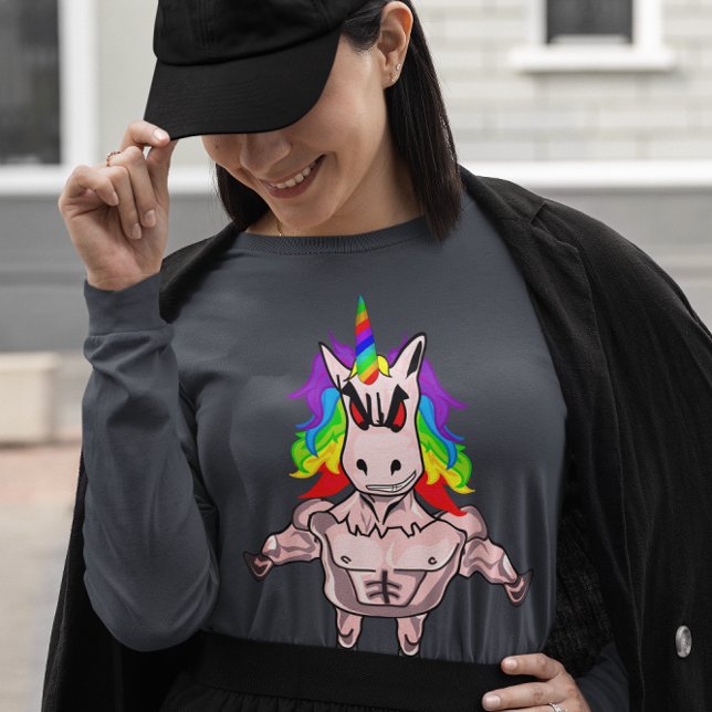 Camiseta Edifício de Corpo Muscular do Cabelo Arco-Íris (Rainbow Hair Muscular Unicorn Body Building T-Shirt)