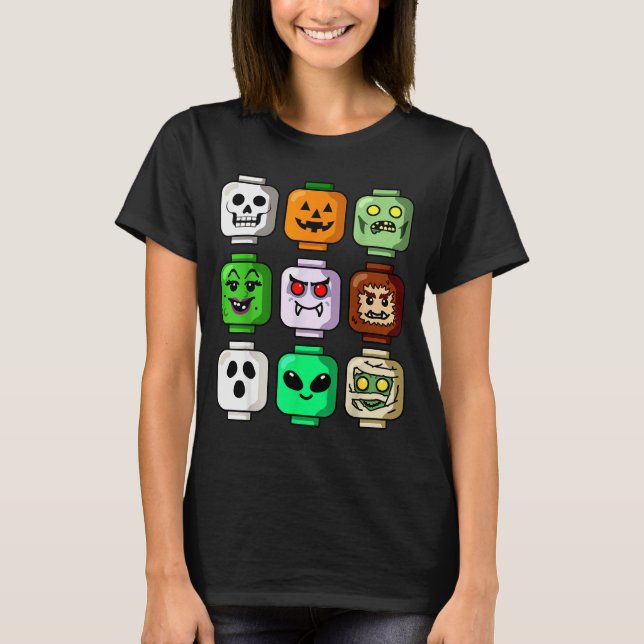 Camiseta Edifício de Halloween Tijolo Cabeça Abóbora Fantas (Frente)