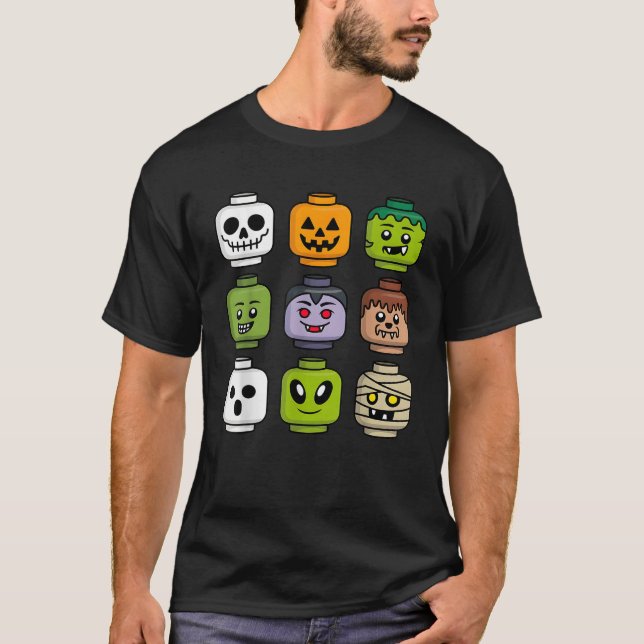 Camiseta Edifício de Halloween Tijolo Cabeça Abóbora Fantas (Frente)