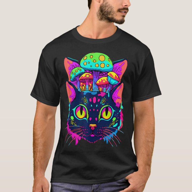 Camiseta Edm Rave Trippy Cat Mushroom Festival Psicedélico (Frente)