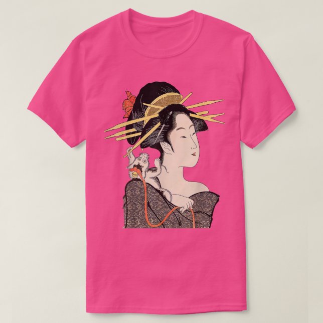 Camiseta Édo Período Japão, Retrato Geisha com Gato (Frente do Design)