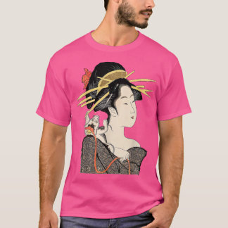 Camiseta Édo Período Japão, Retrato Geisha com Gato