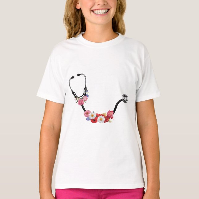 Camiseta Edulcoração de Stethoscope Floral | Enfermeiro & D (Frente)